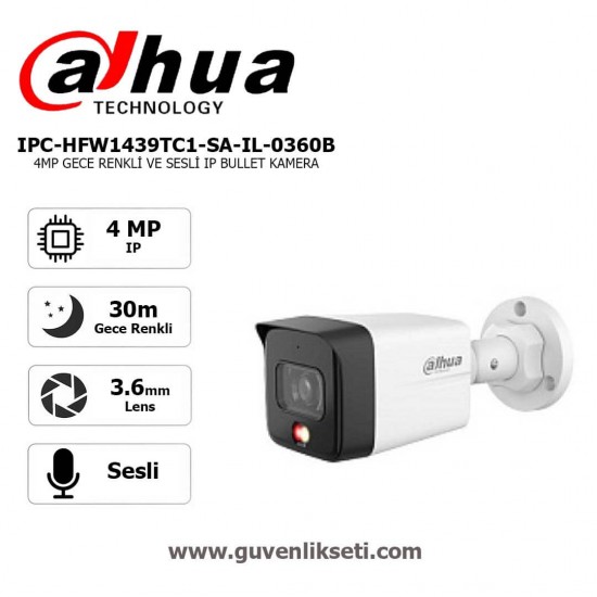 Dahua IPC-HFW1439TC1-SA-IL-0360B-S6 4mp Wizsense Gece Renkli ve Sesli ip Bullet Kamera Dahua IPC-HFW1439TC1-SA-IL-0360B-S6 4MP WizSense gece renkli sesli IP bullet kamera full color güvenlik kamerası